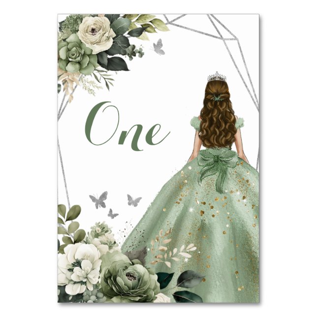 Sage Green Geometric Floral Princess XV Años Table Number (Front)