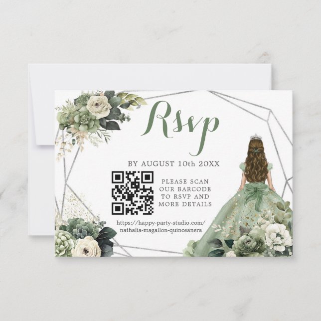 Sage Green Geometric Princess XV Años QR RSVP Card (Front)