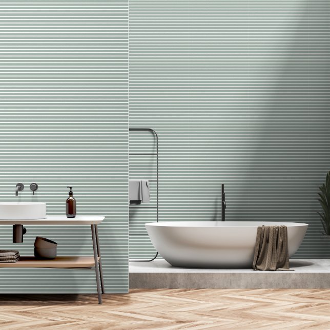 Sage Green Geometrical Stripes Lines Pattern Wallpaper (Bathroom)
