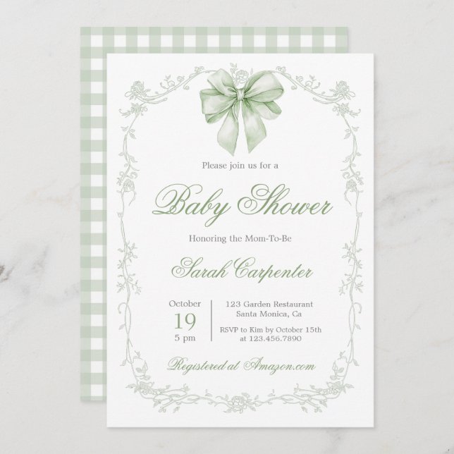 Sage Green Gingham and Bow Baby Shower Invitation (Front/Back)