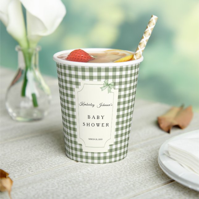 Sage Green Gingham and BowBaby Shower Paper Cups (Insitu)