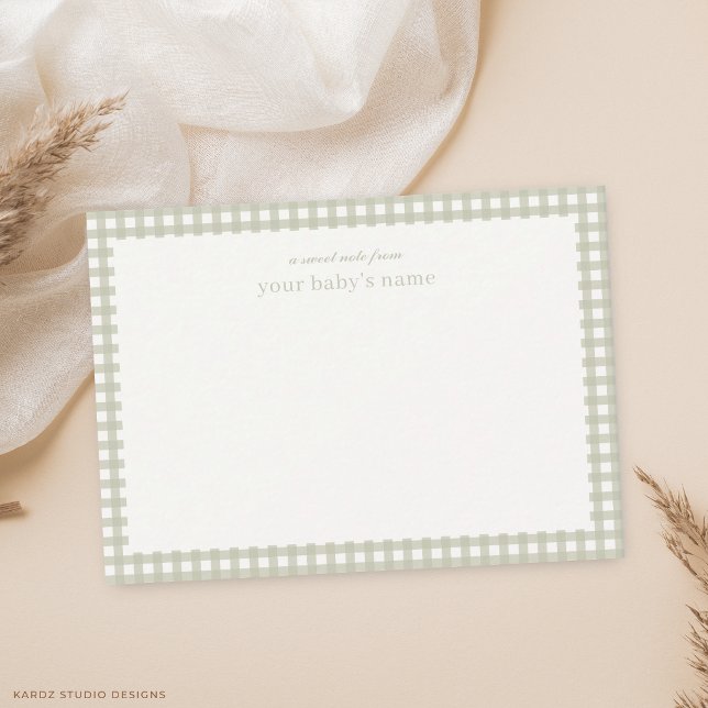 Sage Green Gingham Baby Nursery Note Card (The card is shown in 3.5 x 2.5 inches and corner style.)