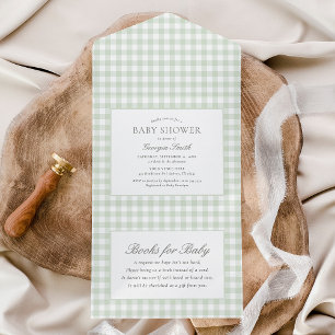 Sage Green Gingham Baby Shower All In One Invitation