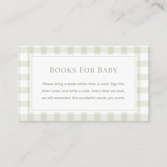 Sage Green Gingham Baby Shower Books For Baby Enclosure Card (Front)