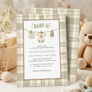 Sage Green Gingham Baby Shower Cosy BBQ Invitation