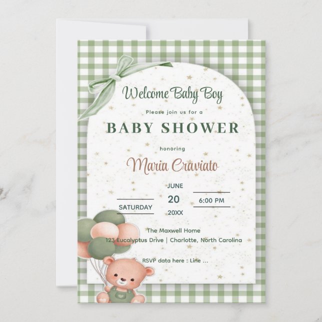 Sage Green Gingham Baby Shower Invitation (Front)