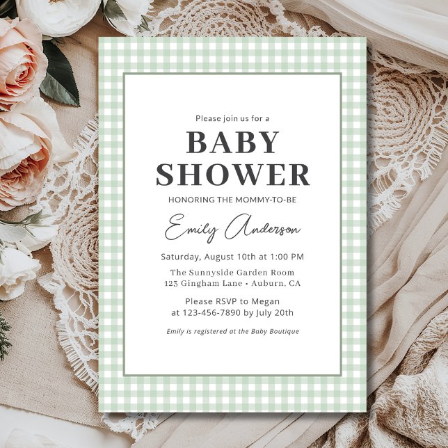 Sage Green Gingham Baby Shower  Invitation (Creator Uploaded)