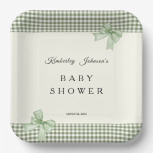 Sage Green Gingham Baby Shower Invitation & Bows Paper Plate
