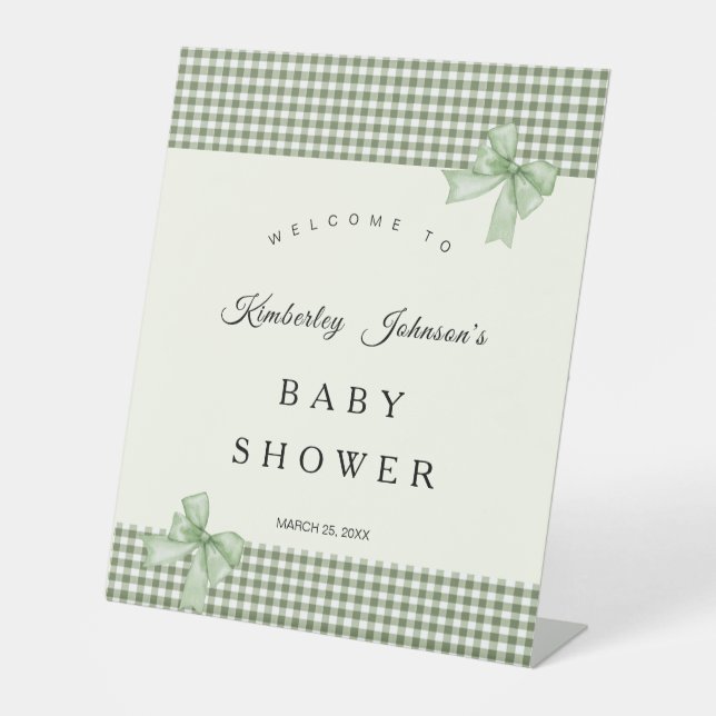 Sage Green Gingham Baby Shower Invitation & Bows Pedestal Sign (Front)