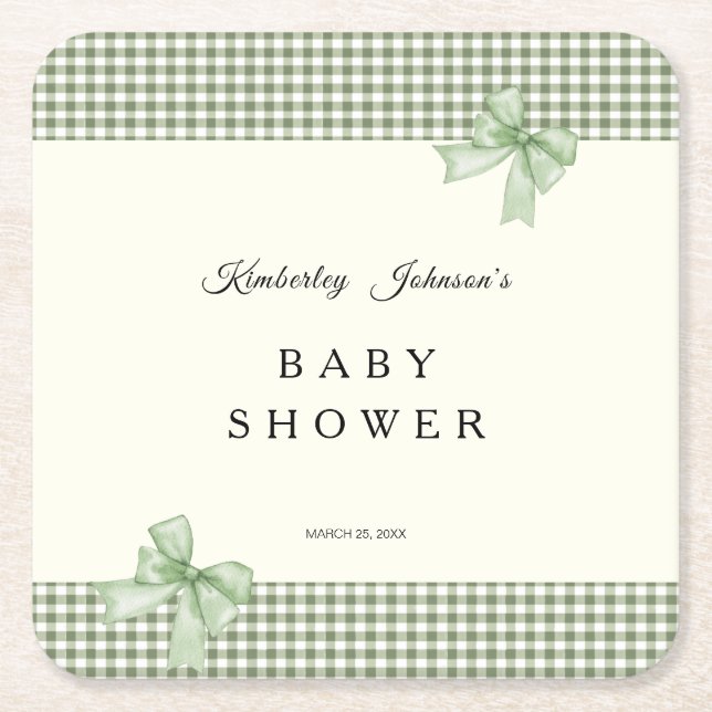 Sage Green Gingham Baby Shower Invitation & Bows Square Paper Coaster (Front)