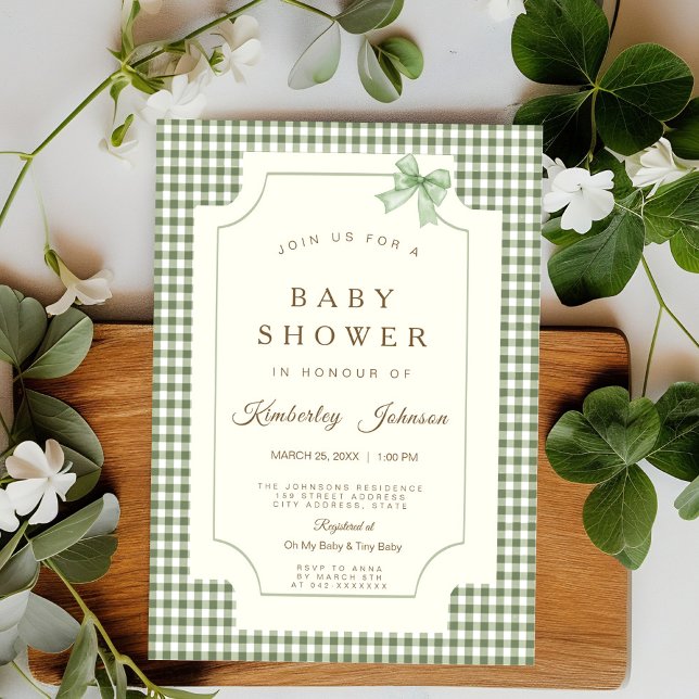 Sage Green Gingham Baby Shower Invitation with Bow (Creator Uploaded)