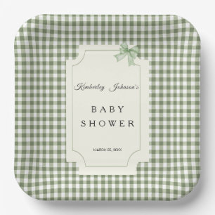 Sage Green Gingham Baby Shower Invitation with Bow Paper Plate