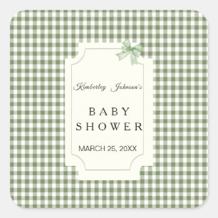 Sage Green Gingham Baby Shower Invitation with Bow Square Sticker