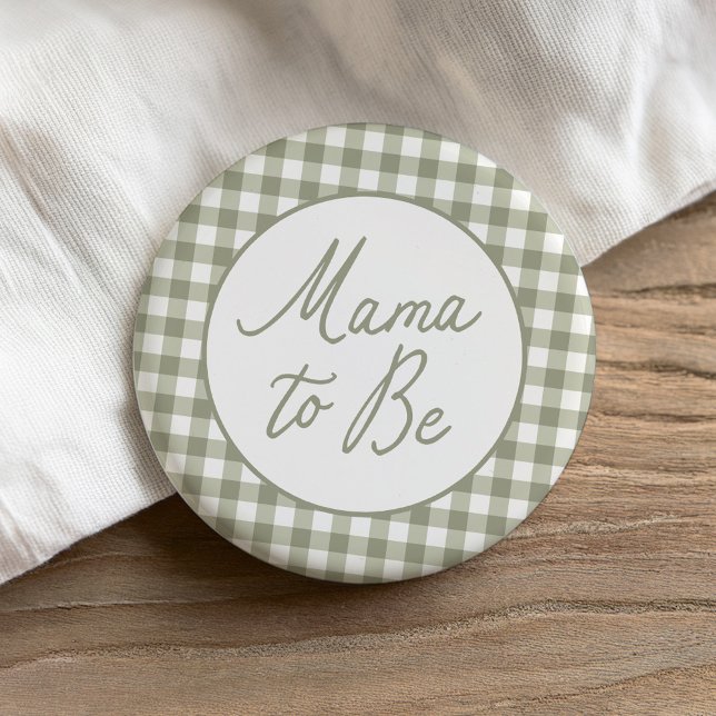 Sage Green Gingham Baby Shower Mama to Be 7.5 Cm Round Badge (Creator Uploaded)