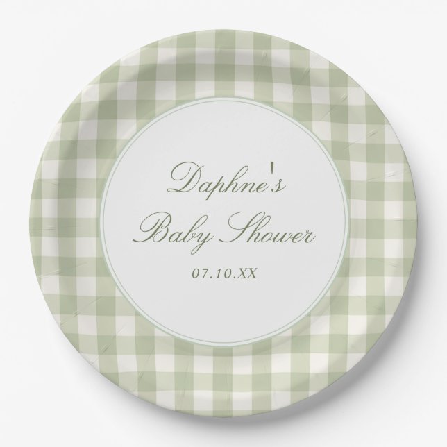 Sage Green Gingham Baby Shower Paper Plates (Front)