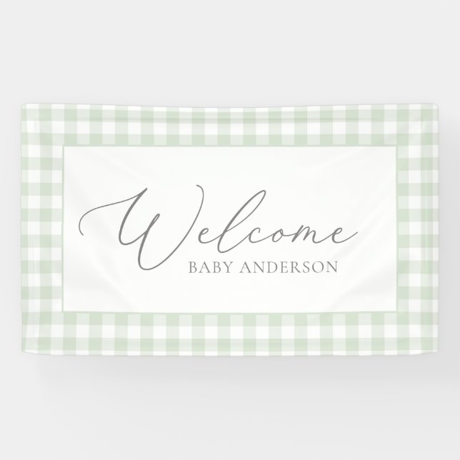Sage Green Gingham Baby Shower Welcome Banner (Horizontal)