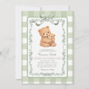 Sage Green Gingham Bear Mom & Baby  Invitation