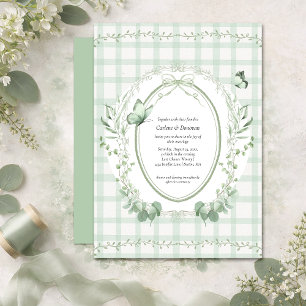 Sage Green Gingham Botanical Wedding Invitation