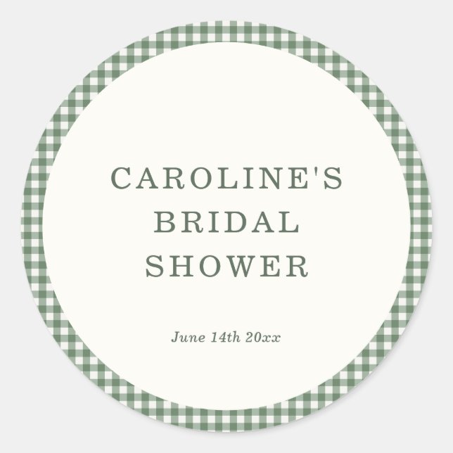 Sage Green Gingham Bride Name Date Bridal Shower Classic Round Sticker (Front)