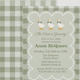 Sage Green Gingham Buffalo Check Goose Baby Shower Invitation