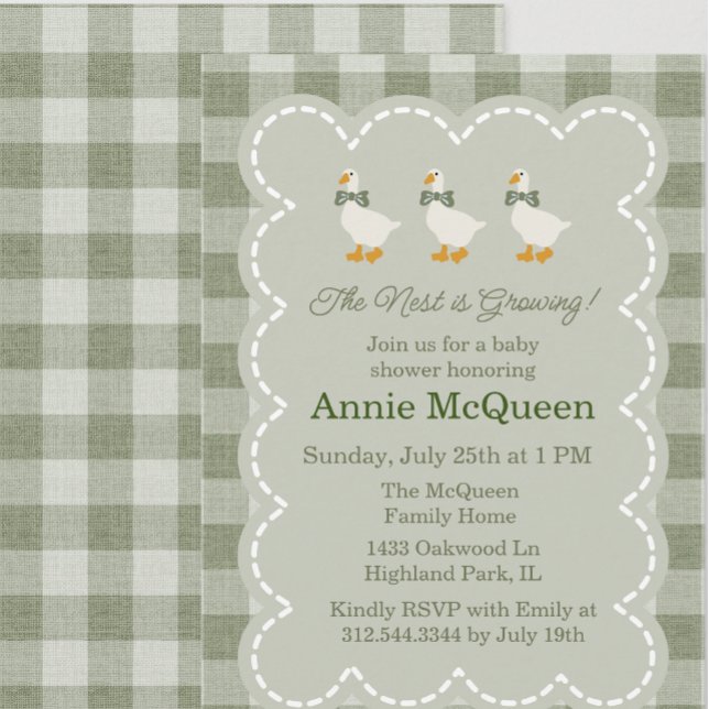 Sage Green Gingham Buffalo Check Goose Baby Shower Invitation (Creator Uploaded)