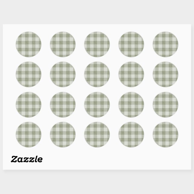 Sage Green Gingham Buffalo Check Linen Texture  Classic Round Sticker (Sheet)