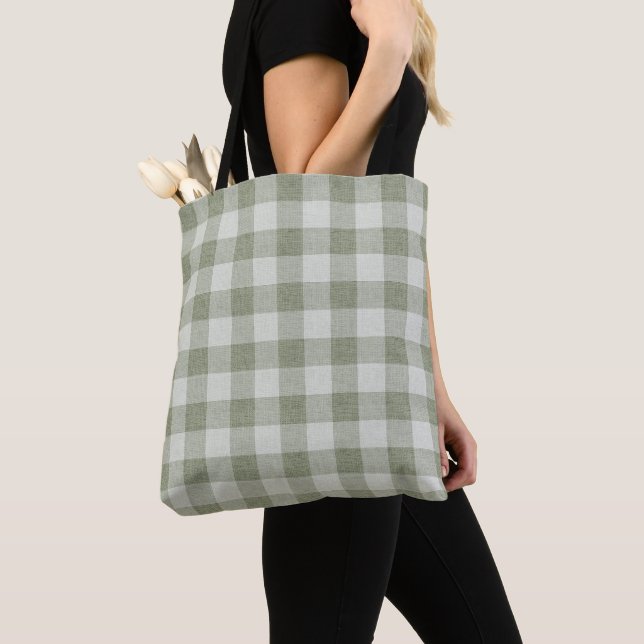 Sage Green Gingham Buffalo Check Linen Texture  Tote Bag (Close Up)
