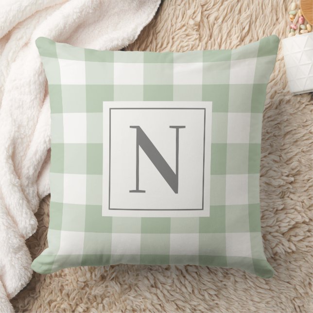 Sage Green Gingham Check Monogram Initial Cushion (Blanket)