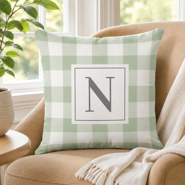 Sage Green Gingham Check Monogram Initial Cushion (Creator Uploaded)