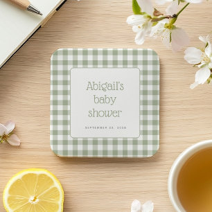 Sage Green Gingham Check Rustic Baby Shower Square Paper Coaster