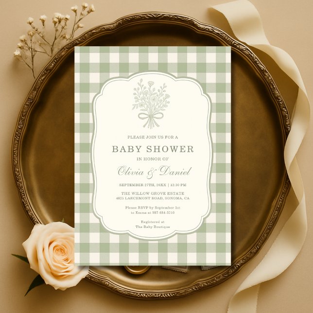 Sage Green Gingham Couples Baby Shower Invitation (Creator Uploaded)