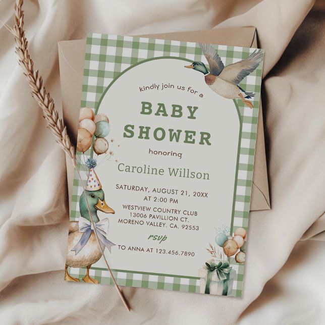 Sage Green Gingham Duck Baby Shower Invitation (Creator Uploaded)