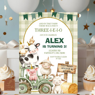 Sage Green Gingham Farm Animal Boy 3rd Birthday Invitation