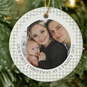Sage Green Gingham First Christmas as a Family Ceramic Ornament