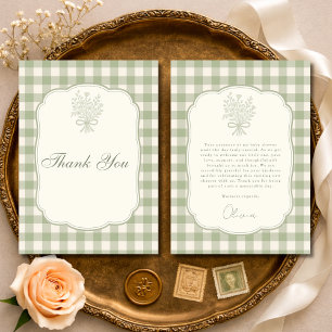 Sage Green Gingham Floral Bow Baby Shower Thank You Card