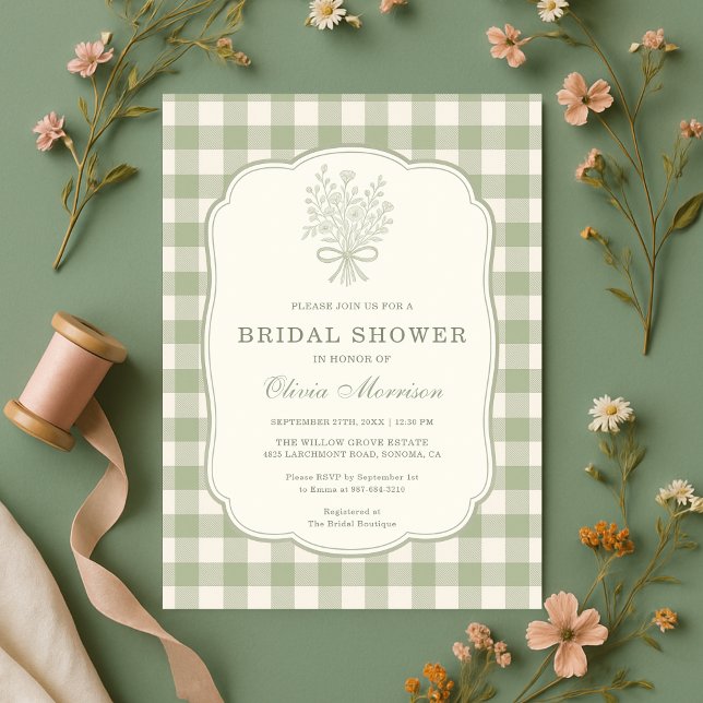 Sage Green Gingham Floral Bow Bridal Shower Invitation (Creator Uploaded)