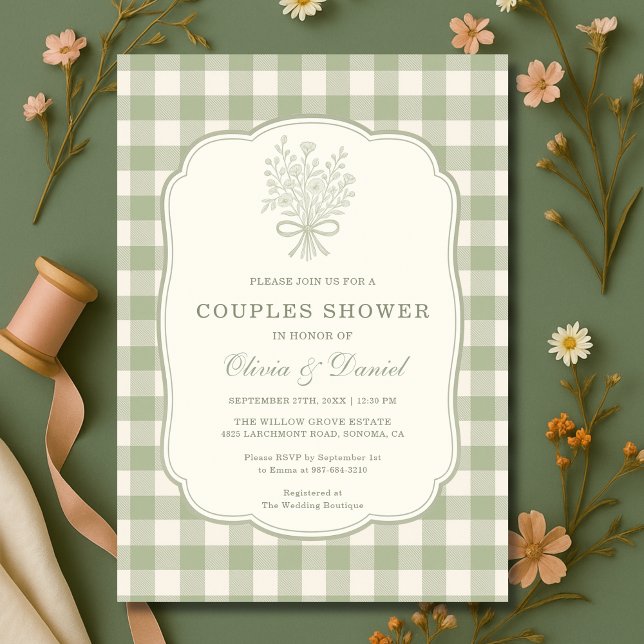 Sage Green Gingham Floral Bow Couples Shower Invitation (Creator Uploaded)
