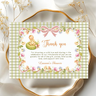 Sage Green Gingham Floral Bow Sweet Pea In Pod Thank You Card