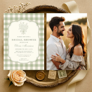 Sage Green Gingham Floral Photo Bridal Shower Invitation