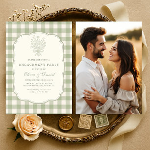Sage Green Gingham Floral Photo Engagement Party Invitation