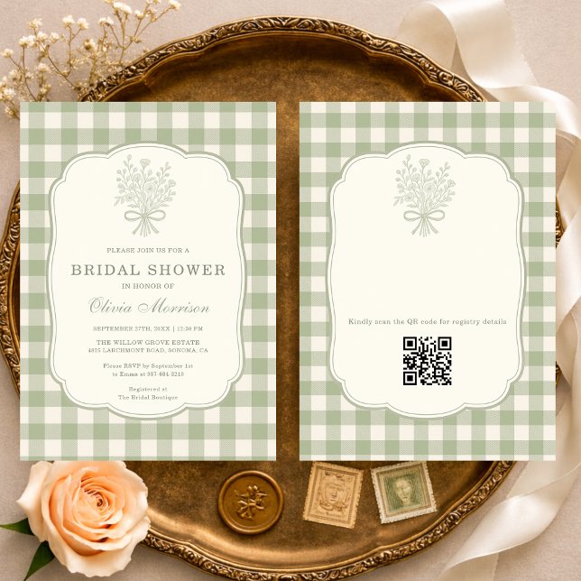 Sage Green Gingham Floral QR Code Bridal Shower Invitation (Creator Uploaded)