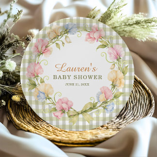 Sage Green Gingham Floral Sweet Pea Baby Shower Paper Plate