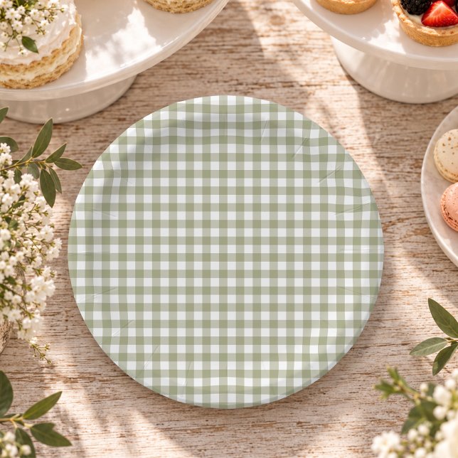 Sage Green Gingham Garden Party Paper Plate (Creator Uploaded)