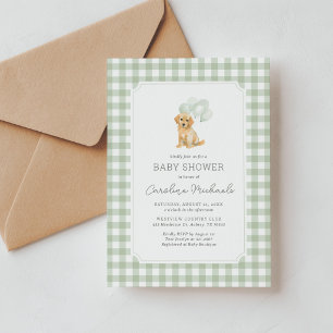 Sage Green Gingham Golden Retriever Baby Shower Invitation