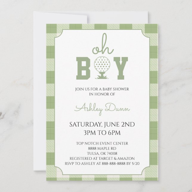 Sage Green Gingham Golf Baby Shower Invitation (Front)