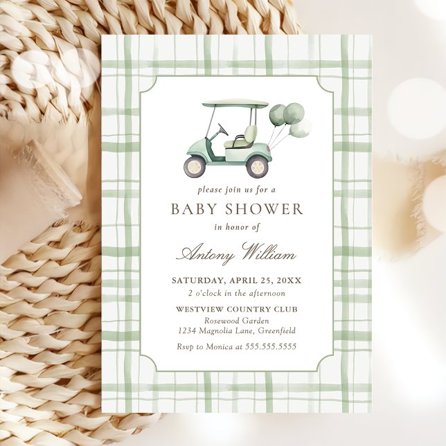 Sage Green Gingham Golf Baby Shower Invitation  (Creator Uploaded)