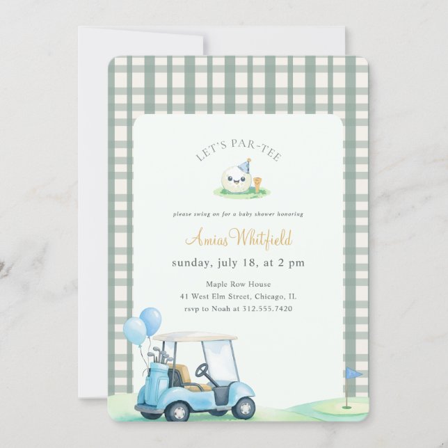 Sage Green Gingham Golf Baby Shower Invitation (Front)