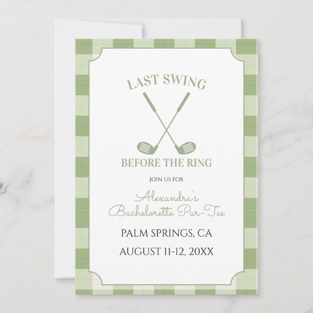 Sage Green Gingham Golf Bachelorette Invitation (Front)