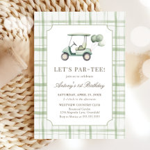 Sage Green Gingham Golf Birthday Invitation