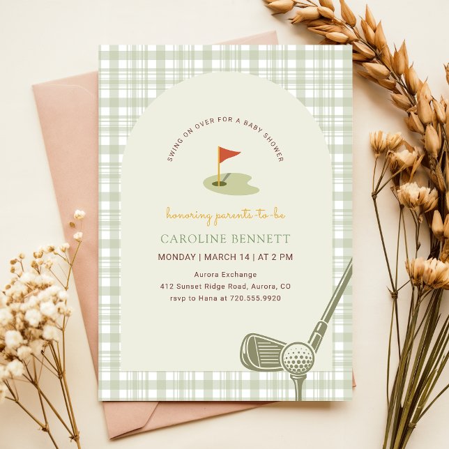 Sage Green Gingham Golf Boy Baby Shower Invitation (Creator Uploaded)